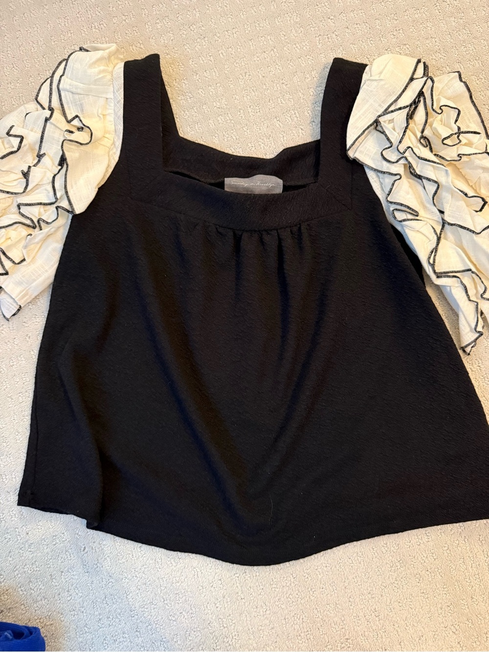 Sunday in Brooklyn Black Top with Ivory Ruffle Sleeve Accents